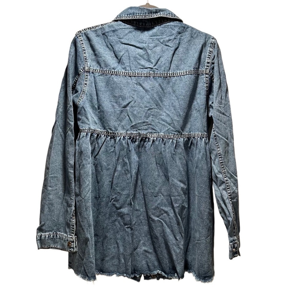 Women’s Denim Coat Elegant Button-Up Lapel Design Raw Hem Long Sleeve Loose Fit - Picture 11 of 16